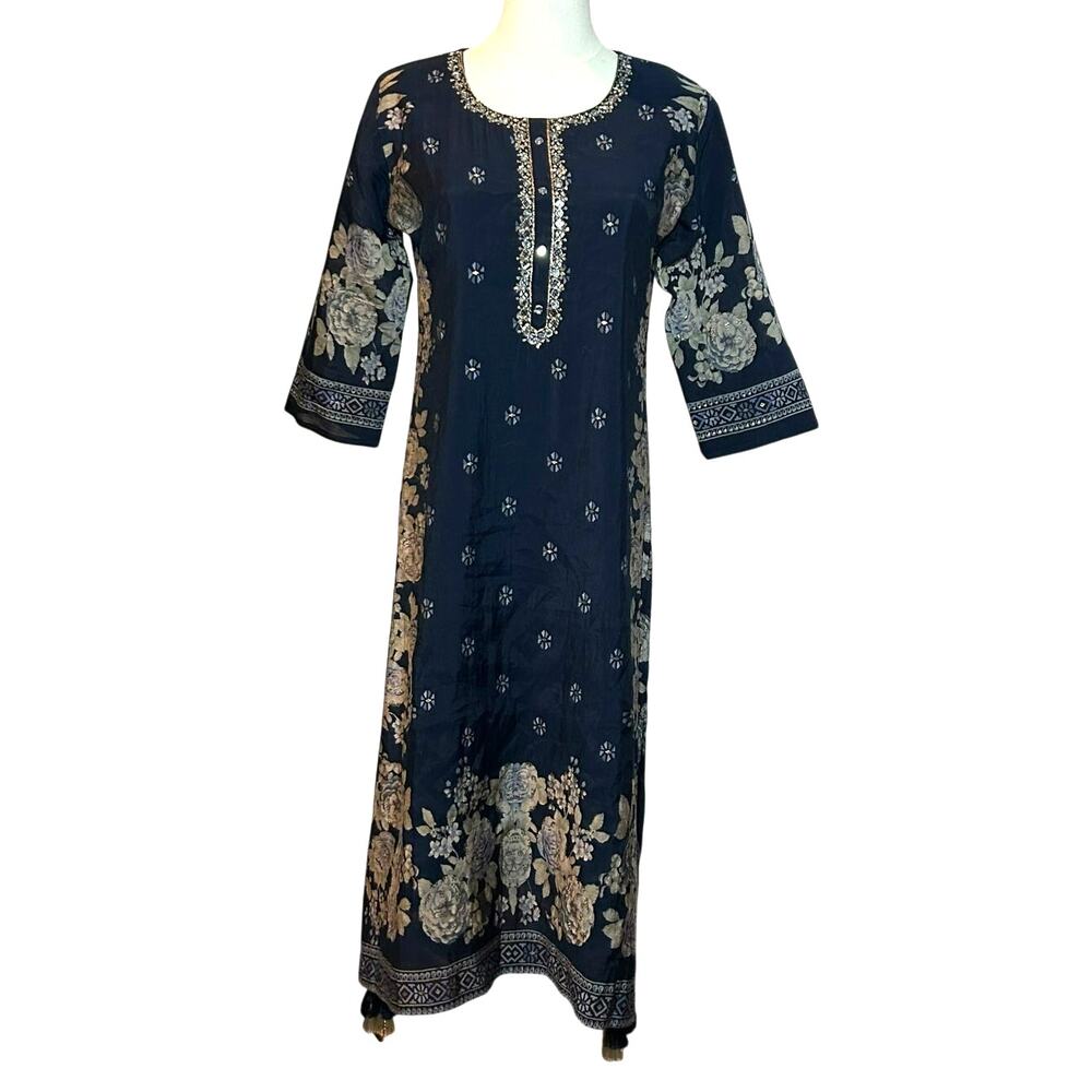 Hoondee Floral Embellished Kurti Tunic Navy Blue L